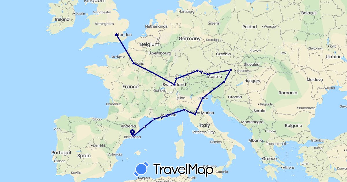 TravelMap itinerary: driving in Austria, Switzerland, Germany, Spain, France, United Kingdom, Italy (Europe)