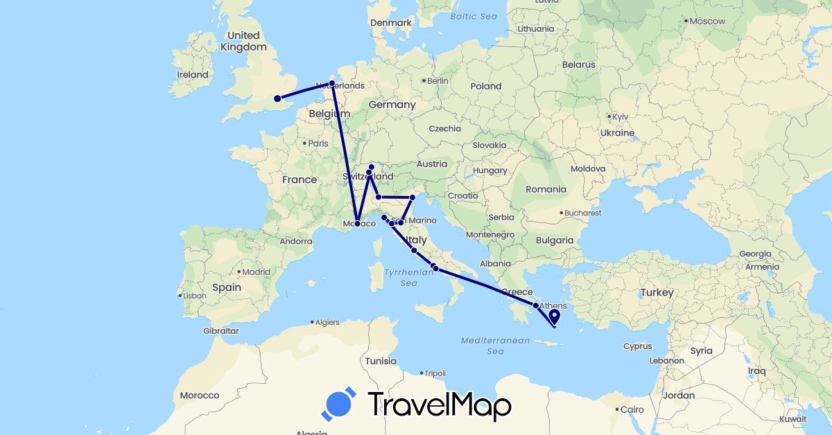 TravelMap itinerary: driving in Switzerland, France, United Kingdom, Greece, Italy, Netherlands (Europe)